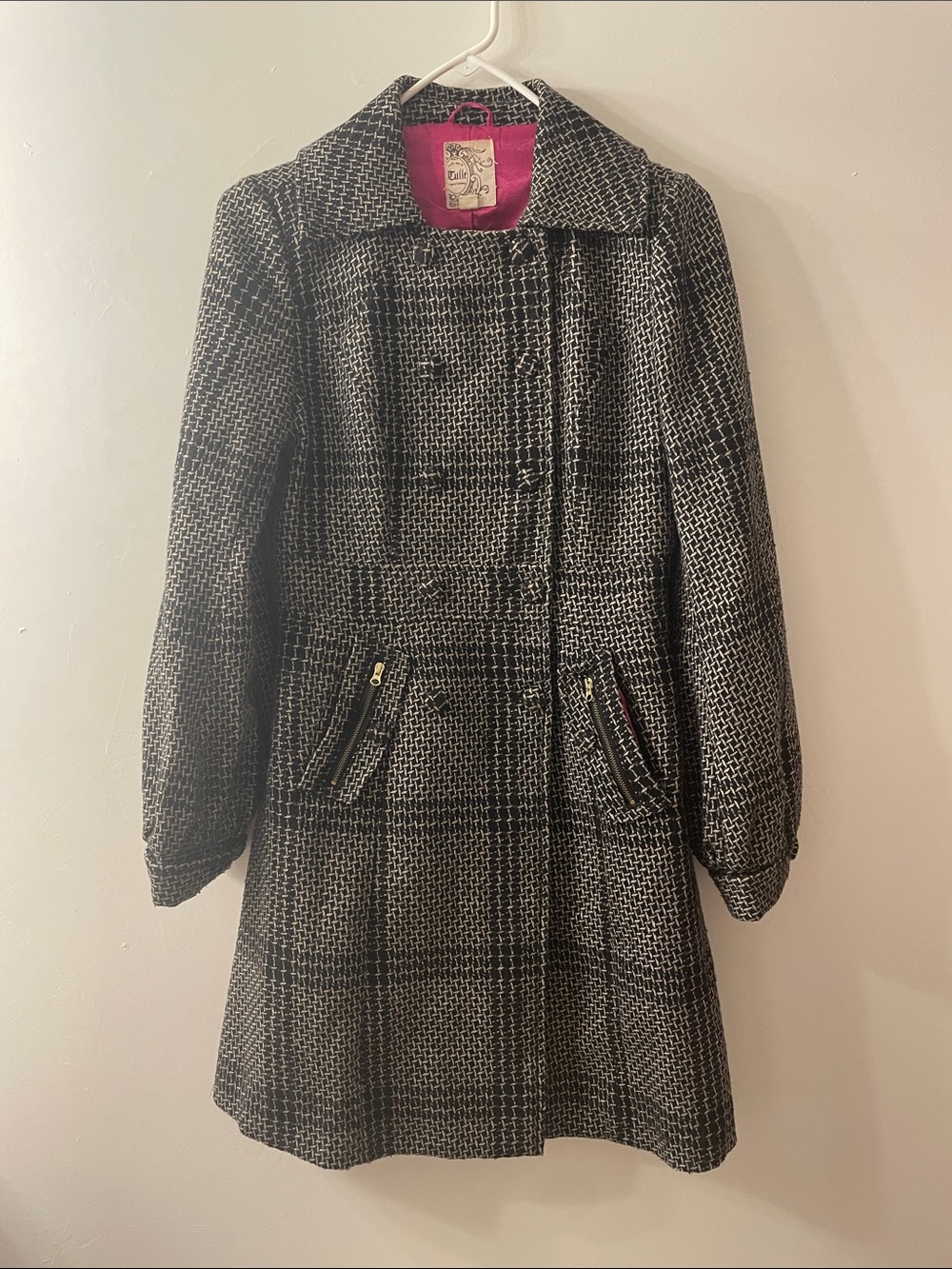 Tulle Black & White Tweed Pea Coat with Pink Lining